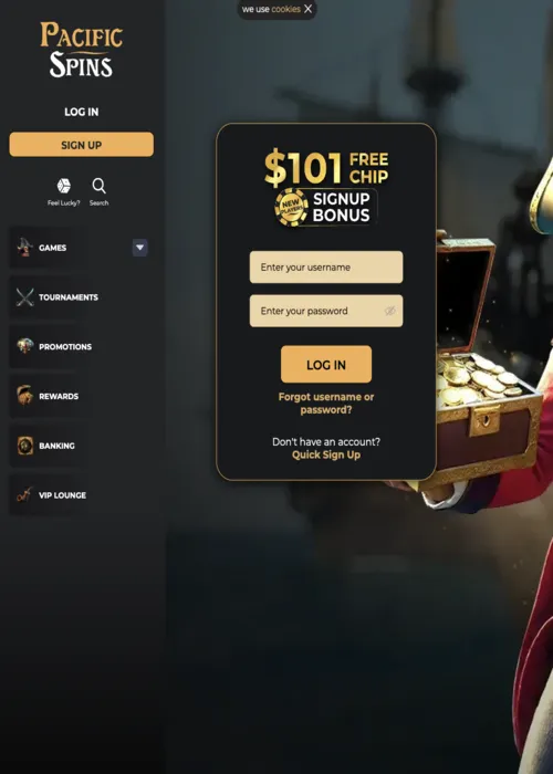 Fast player registration interface Pacific Spins Casino